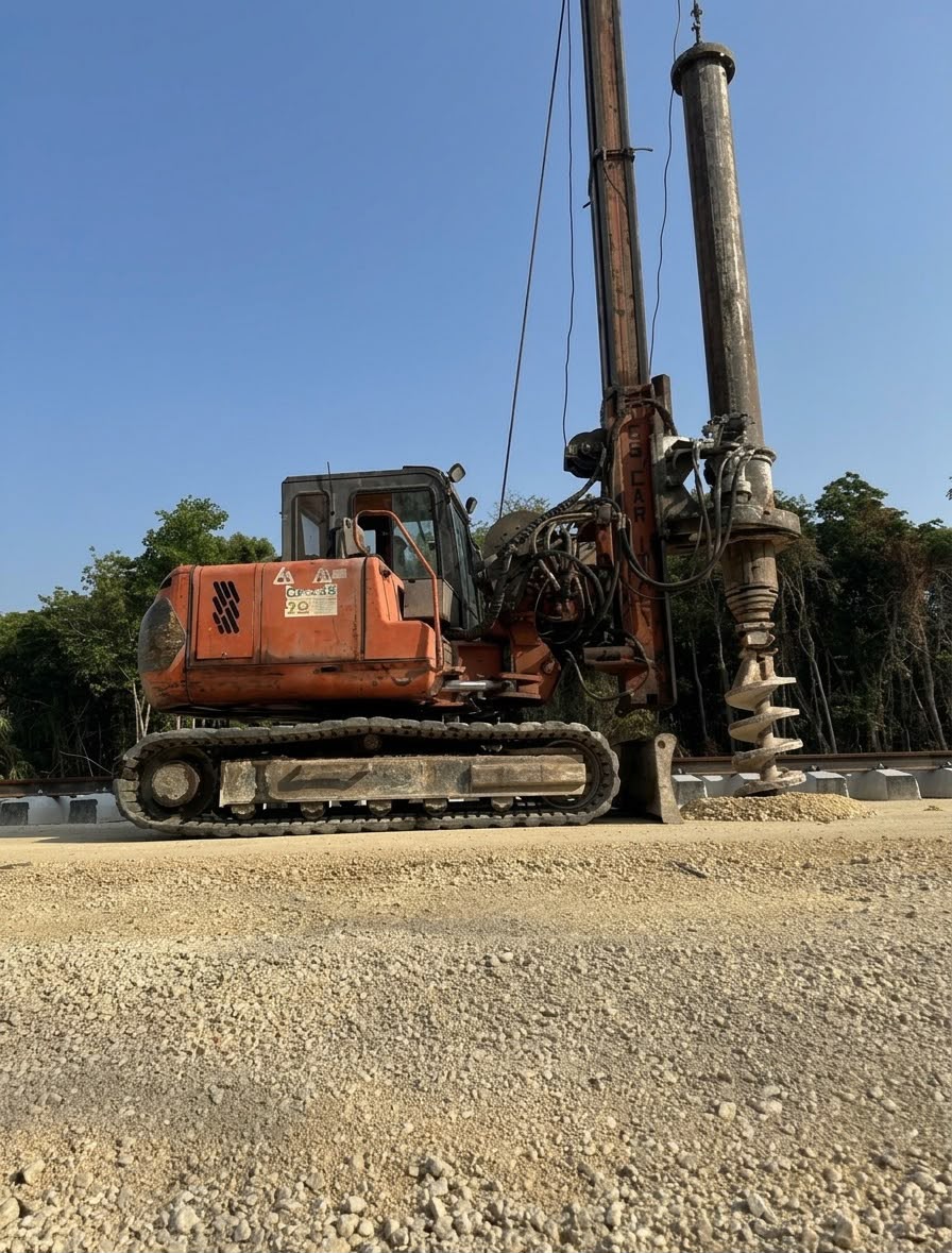 Tren Maya · vista lateral de la perforadora compacta sobre orugas y su herramienta de perforación